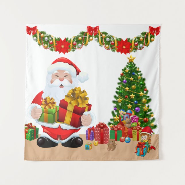 Selfie Photo Christmas Santa Tree Kids Backdrop Tapestry (Front)