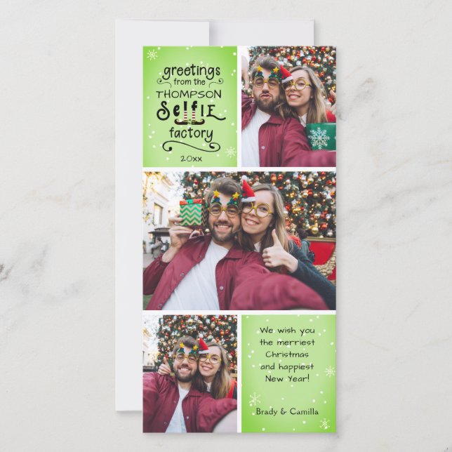 sELFie Photo Elf Greetings 3 Photos Green Holiday Card (Front)
