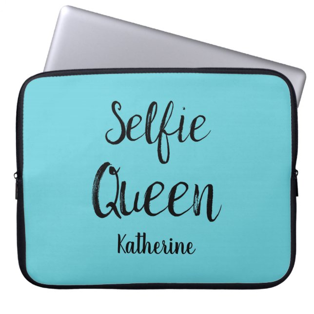 Selfie Queen Name Personalised Turquoise Blue Laptop Sleeve (Front)