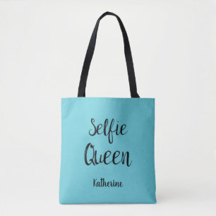 Selfie Queen Name Personalised Turquoise Blue Teal Tote Bag