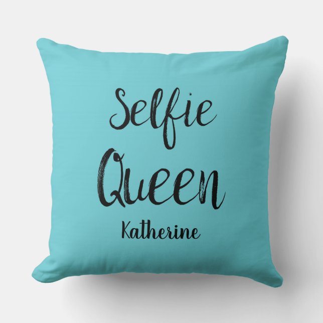Selfie Queen Name Personalised Turquoise Teal Blue Cushion (Front)