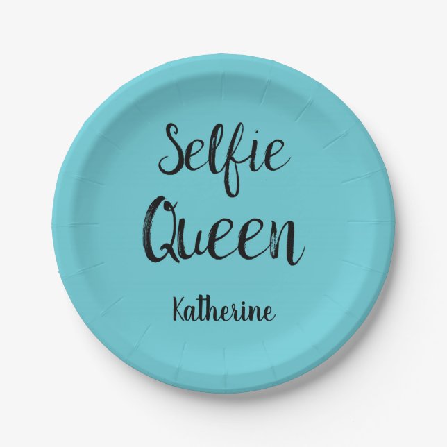 Selfie Queen Name Personalised Turquoise Teal Blue Paper Plate (Front)