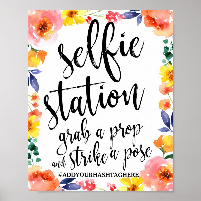 Selfie Station Floral Watercolor 8x10 Wedding Sign (Front)
