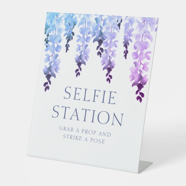 Selfie Station Purple Floral Script Wedding Pedestal Sign (Front)