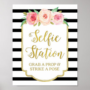 Selfie Station Sign Pink Floral Gold Black Stripes