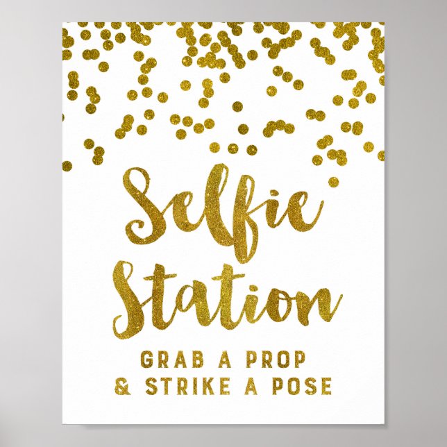 Selfie Station Wedding Sign Gold Confetti (Front)