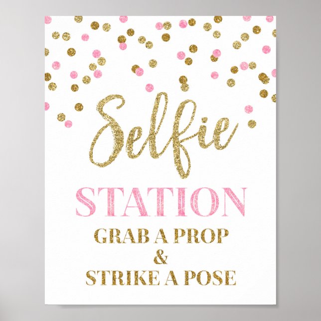 Selfie Station Wedding Sign Gold Pink Confetti (Front)