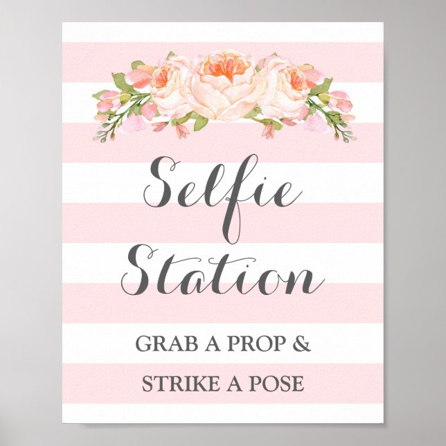 Selfie Station Wedding Sign Pink Flowers Stripes (Front)