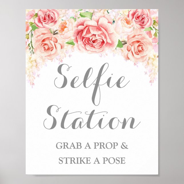 Selfie Station Wedding Sign Pink Watercolor Floral (Front)