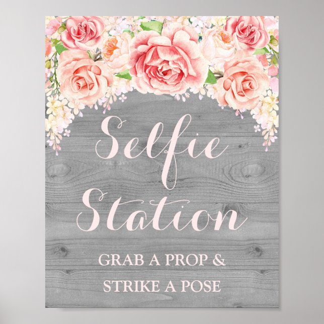 Selfie Station Wedding Sign Pink Watercolor Wood (Front)