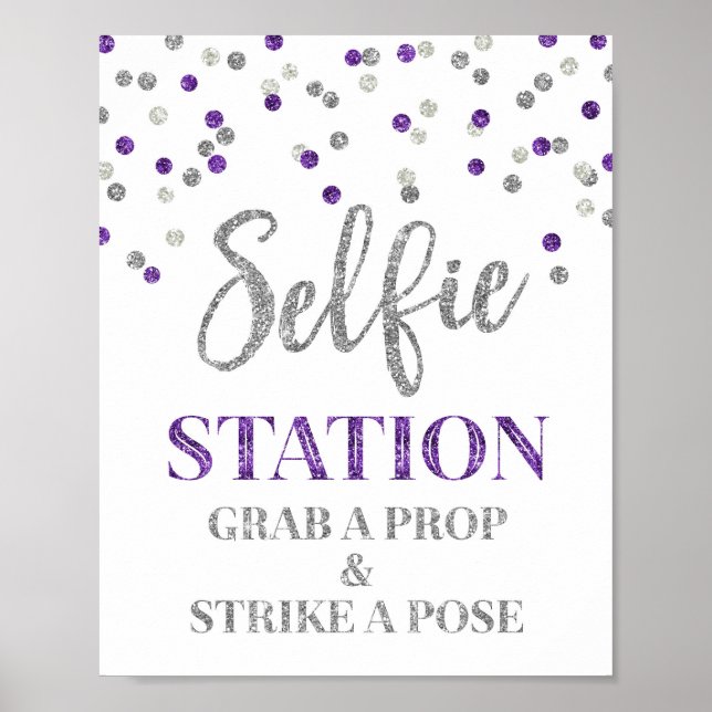 Selfie Station Wedding Sign Purple Silver Confetti (Front)