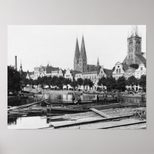 Selling wood on the River Trave, Lubeck, c.1910 Poster