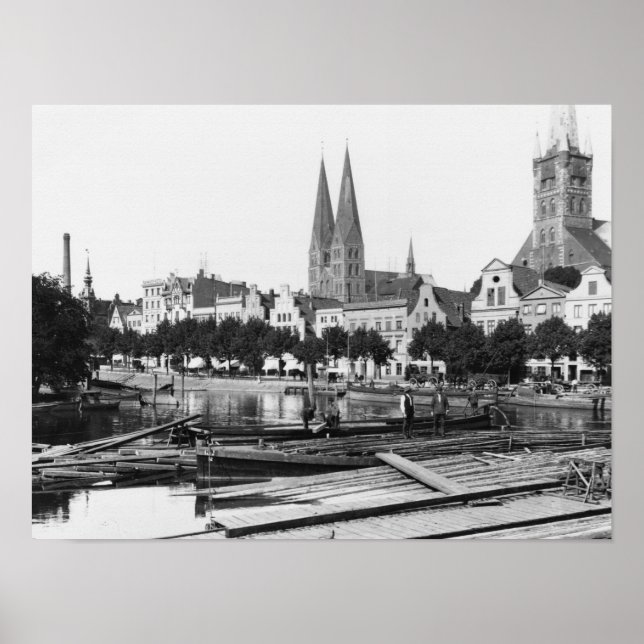 Selling wood on the River Trave, Lubeck, c.1910 Poster (Front)