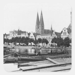 Selling wood on the River Trave, Lubeck, c.1910 Square Sticker