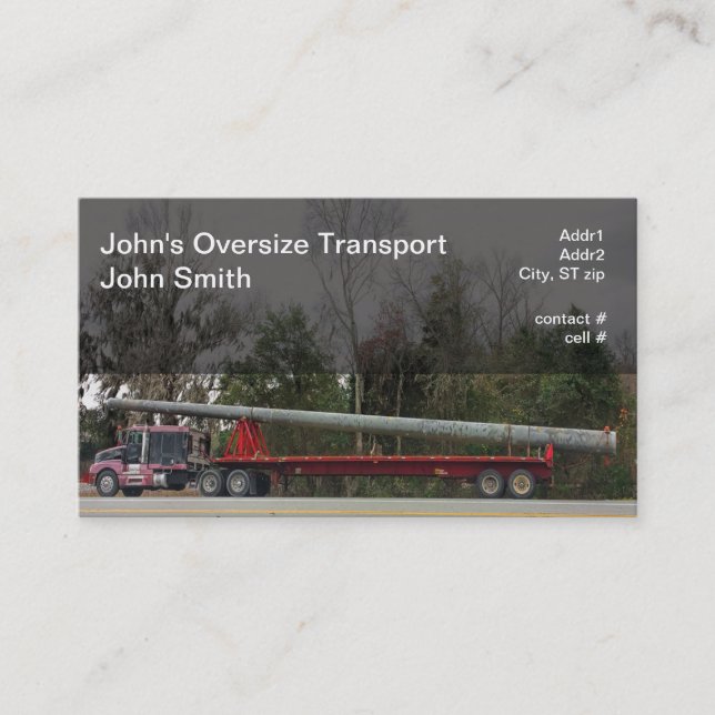 Semi hauling oversized concrete power pole business card (Front)