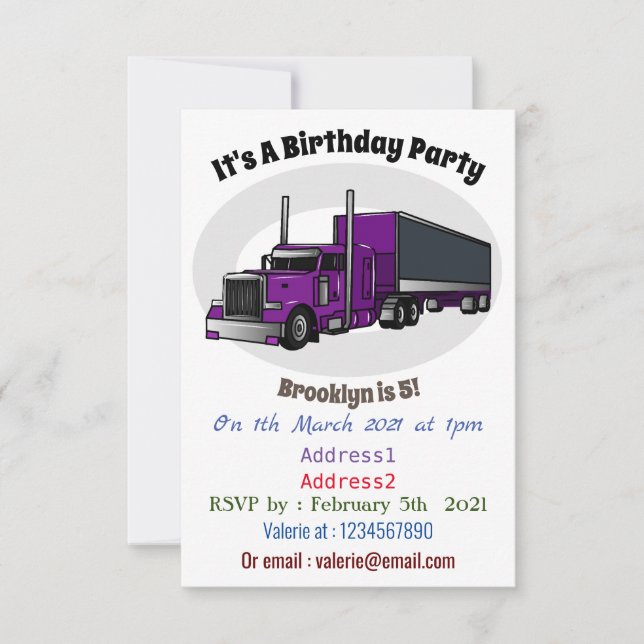Semi-trailer truck cartoon illustration invitation (Front)