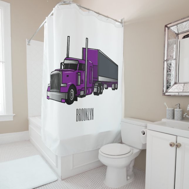 Semi-trailer truck cartoon illustration shower curtain (In Situ)