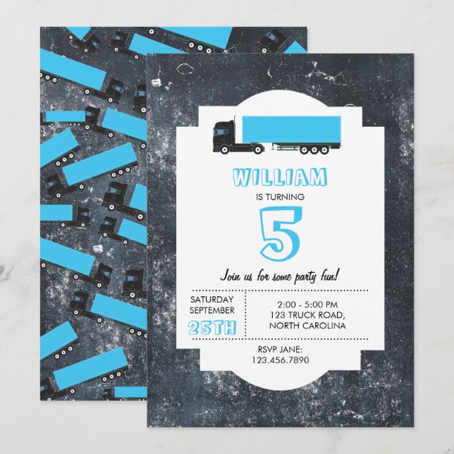 Semi-Trailer Truck Transportation Trucks Birthday  Invitation (Front/Back)
