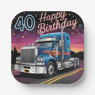 Semi-Truck 40th Happy Birthday Illustration Paper Plate