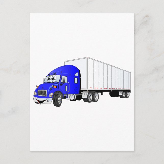 Semi Truck Blue White Trailer Cartoon Postcard (Front)