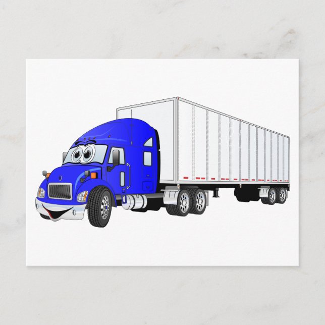 Semi Truck Blue White Trailer Cartoon Postcard (Front)