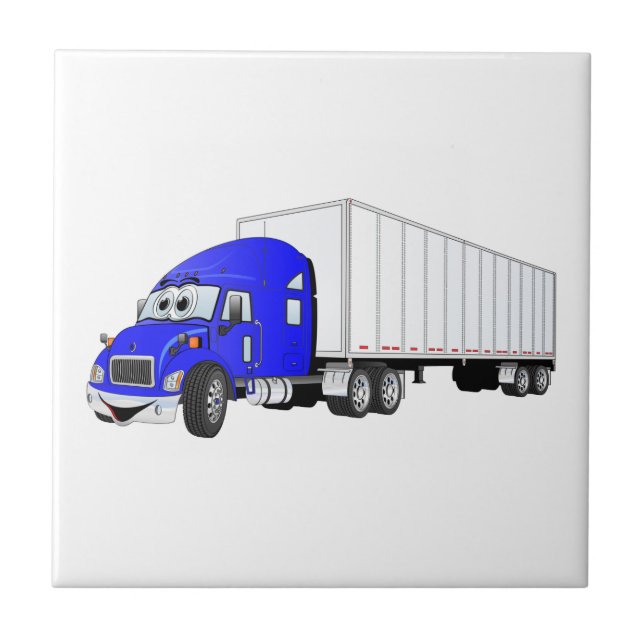 Semi Truck Blue White Trailer Cartoon Tile (Front)