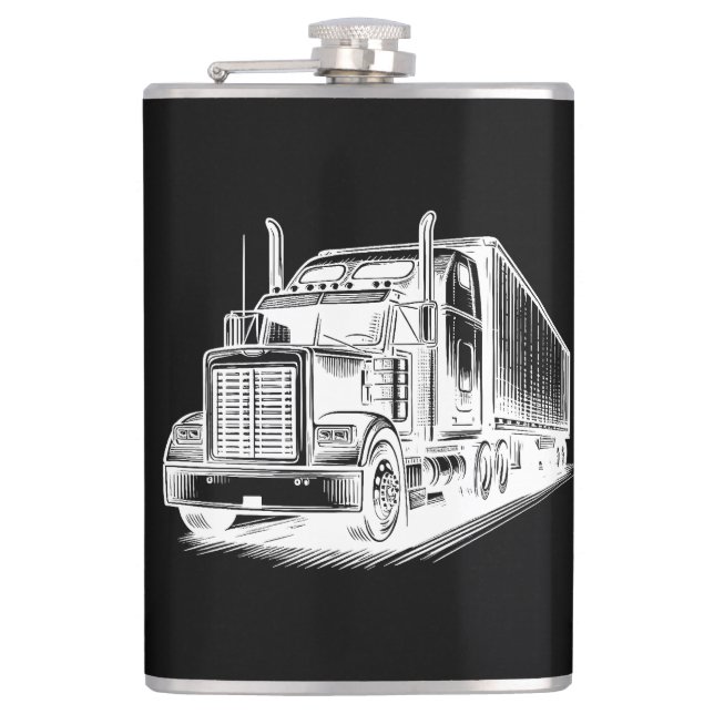 Semi Truck diesel Trucking Art ink drawing Hip Flask (Front)
