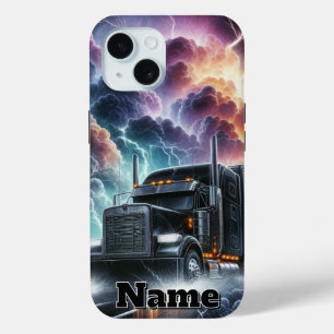 Semi Truck in a Vibrant Lightning Storm iPhone 15 Case