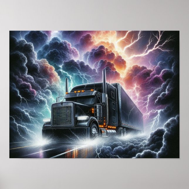 Semi Truck in a Vibrant Lightning Storm Poster (Front)