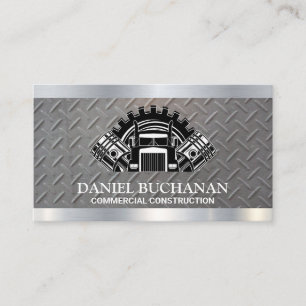 Semi Truck Logo and Pistons   Metallic Steel Business Card