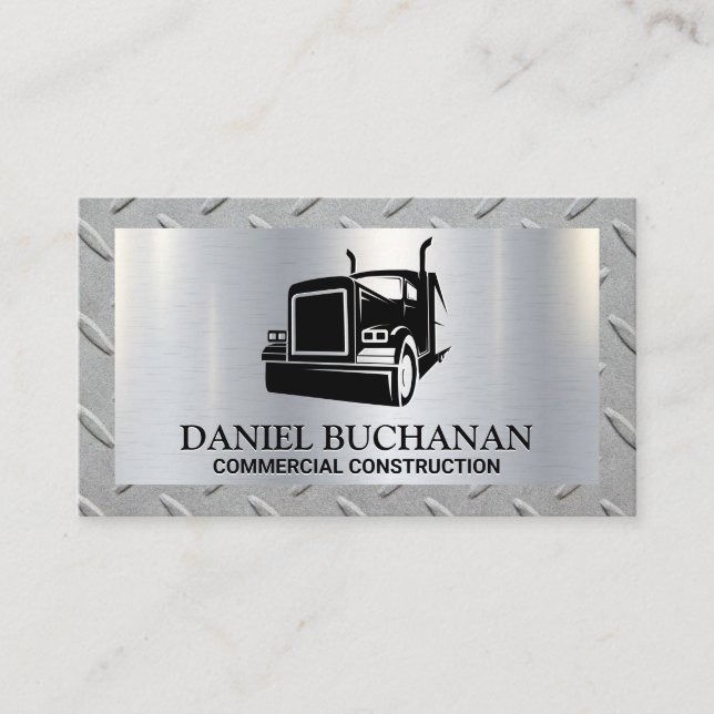 Semi Truck Logo | Metallic Brush | Steel Border Business Card (Front)