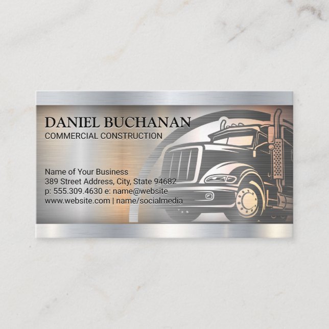 Semi Truck Logo | Metallic Brushed Background Business Card (Front)