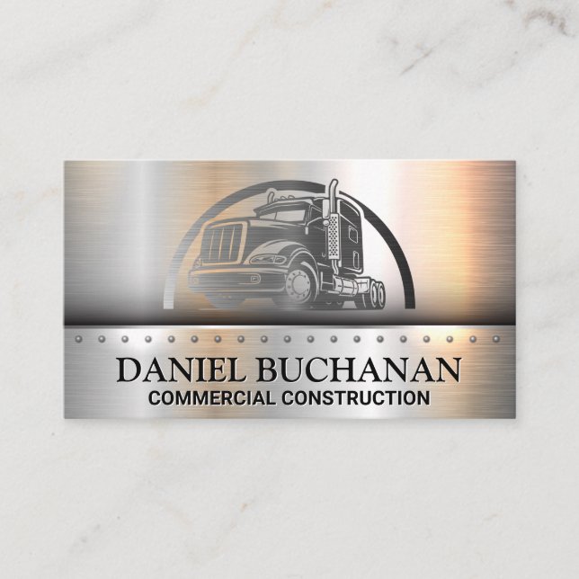 Semi Truck Logo | Metallic Brushed Business Card (Front)