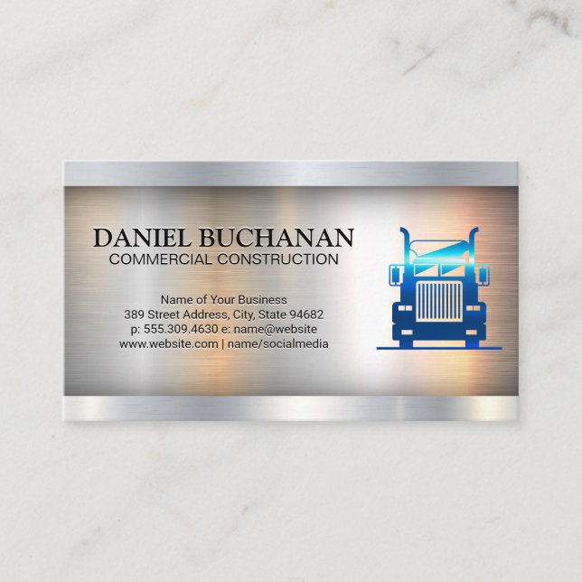 Semi Truck | Metallic Industrial Background Business Card (Front)