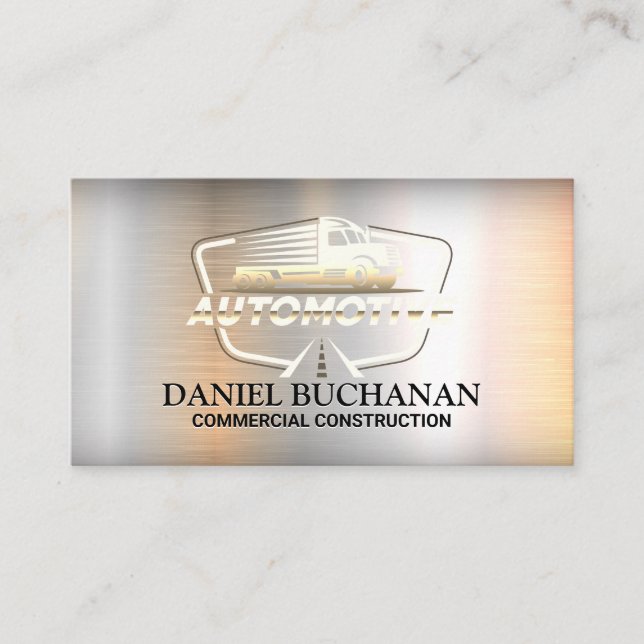 Semi Truck on Road Logo | Metal Background Business Card (Front)