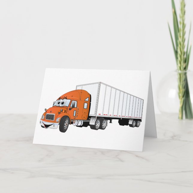 Semi Truck Orange White Trailer Cartoon Card (Front)