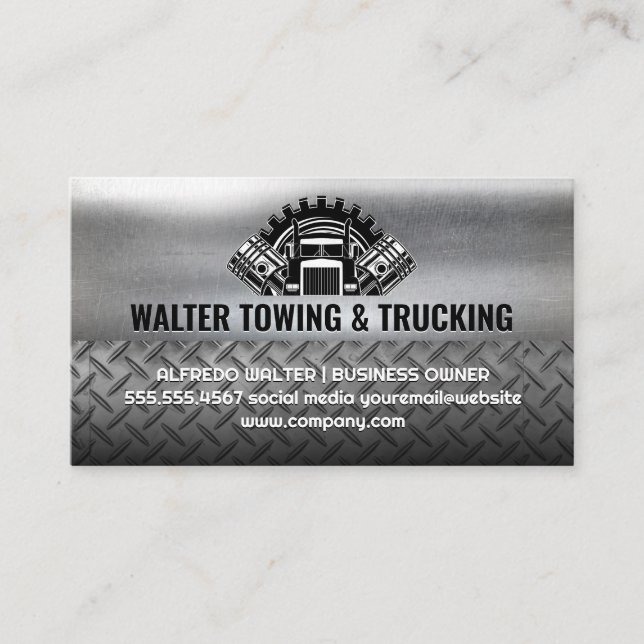 Semi Truck Pistons | Industrial Steel Metallic Business Card (Front)