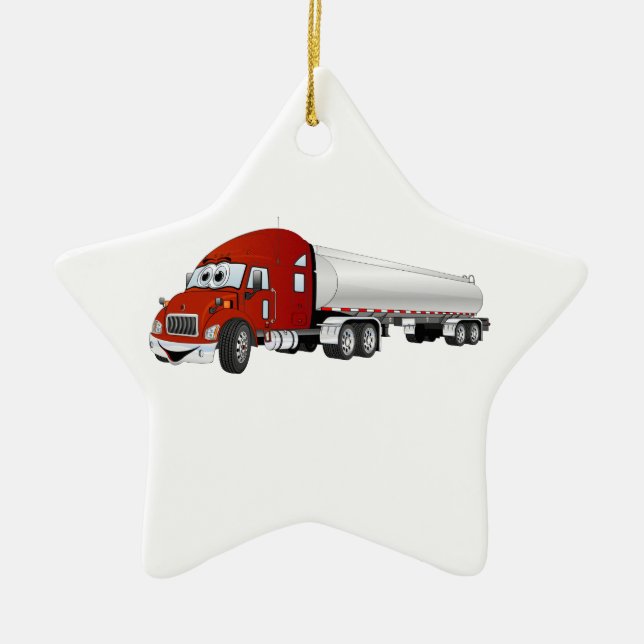 Semi Truck Red Silver Tanker Trailer Cartoon Ceramic Tree Decoration (Front)