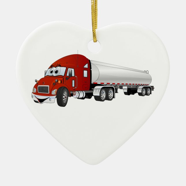 Semi Truck Red Silver Tanker Trailer Cartoon Ceramic Tree Decoration (Front)