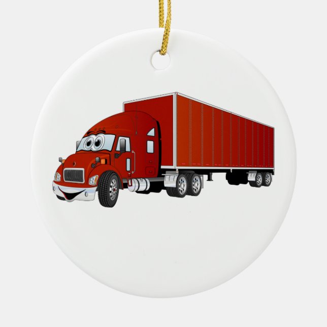 Semi Truck Red Trailer Cartoon Ceramic Tree Decoration (Front)