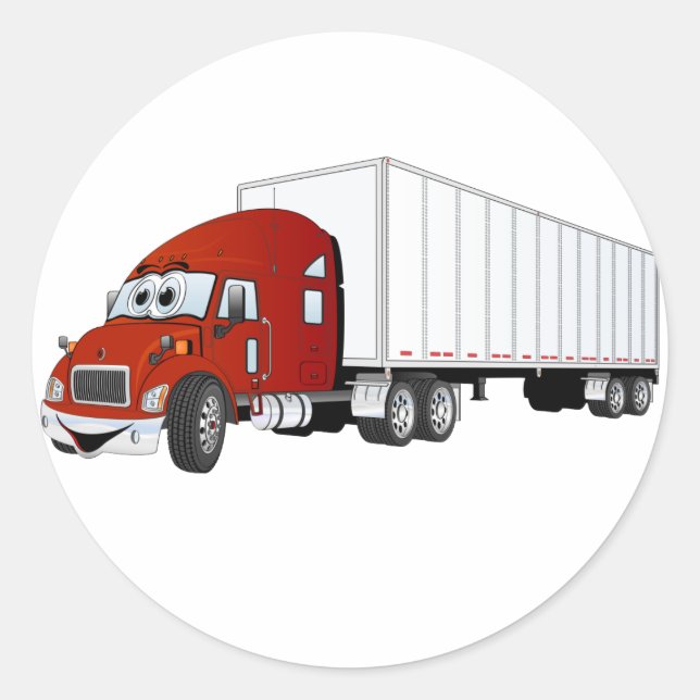 Semi Truck Red White Trailer Cartoon Classic Round Sticker (Front)