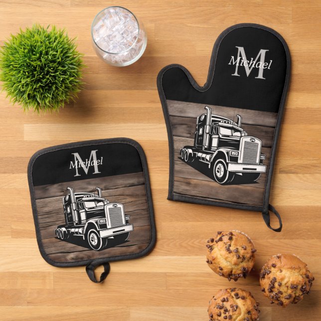 Semi Truck Transport Cool Trucker Monogram BBQ Oven Mitt & Pot Holder Set (Top Down)