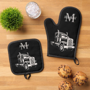 Semi Truck Transport Cool Trucker Monogram BBQ Oven Mitt & Pot Holder Set