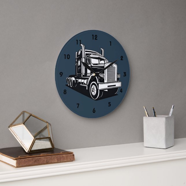 Semi Truck Transport Highway Cool Driver Large Clock (Office)