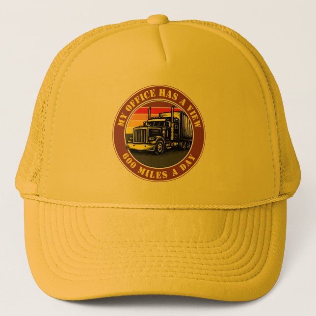 Semi Truck Trucking Over Retro Sunset Template Trucker Hat (Front)