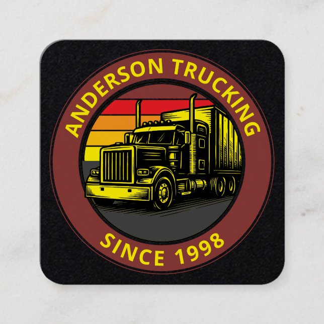 Semi Truck Trucking Retro Sunset Template Square Business Card (Front)
