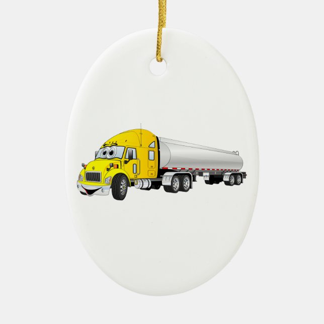 Semi Truck Yellow Silver Tanker Trailer Cartoon Ceramic Tree Decoration (Front)