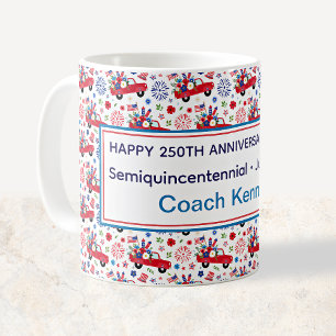 Semiquincentennial Red Trucks Whimsical Patriotic Coffee Mug