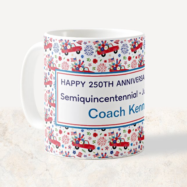 Semiquincentennial Red Trucks Whimsical Patriotic Coffee Mug (Creator Uploaded)
