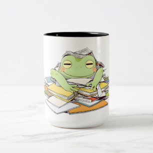 Send Help Frog Buried in Paperwork Kawaii Design Two-Tone Coffee Mug